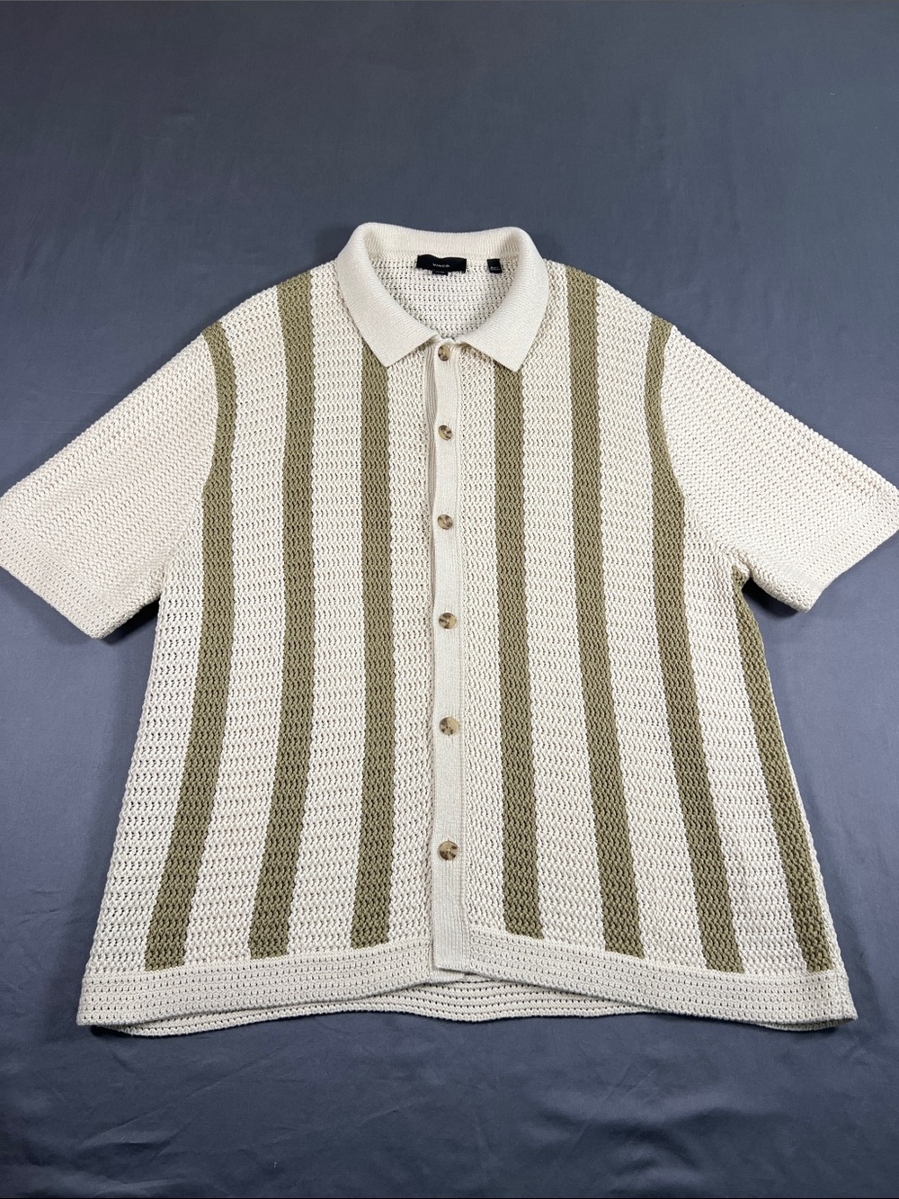 Striped Crochet Cotton Short-Sleeve
Button-Front Shirt